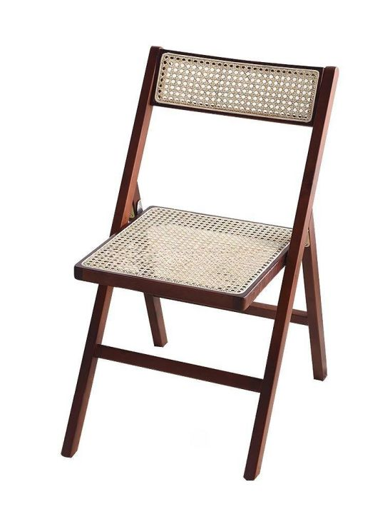 Dark Wood Frame Woven Rattan Folding Chair – Natural Mesh Seat Foldable Chair for Wedding Event Home