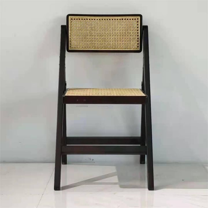 Dark Wood Frame Woven Rattan Folding Chair – Natural Mesh Seat Foldable Chair for Wedding Event Home