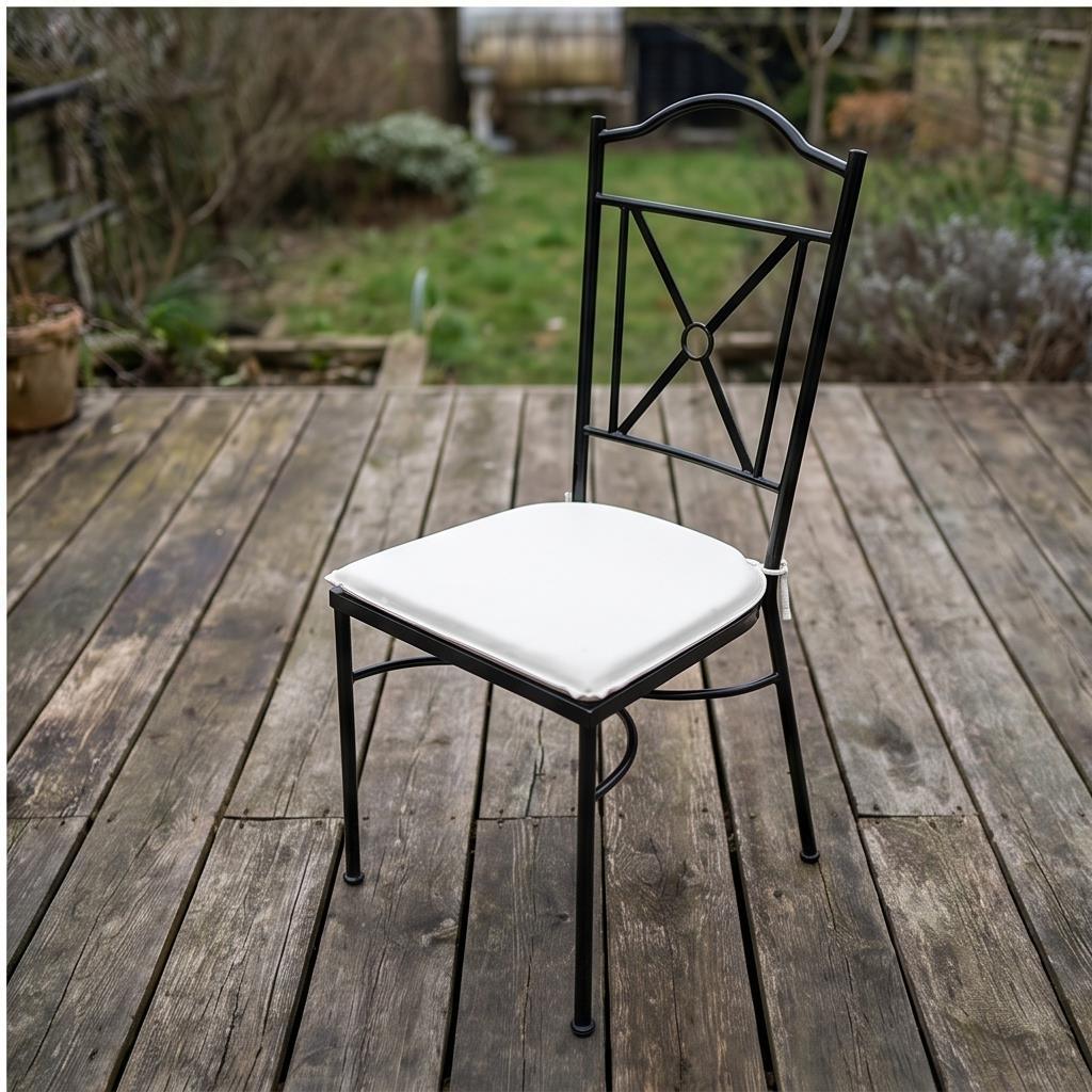 Rustic Black X-Back Metal Dining Chair with White Cushion – Farmhouse Wrought Iron Event Chair for W