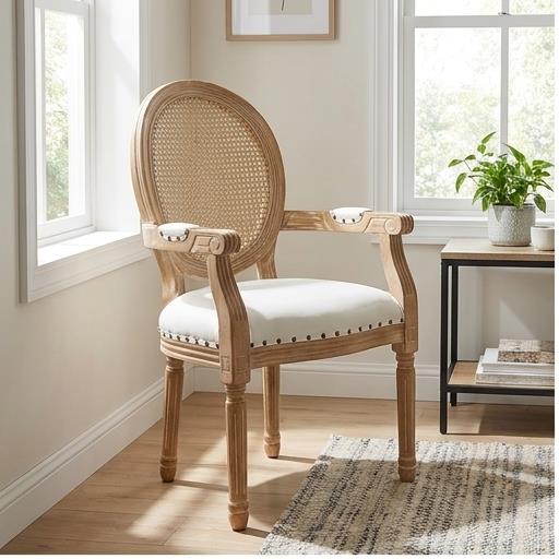 French Louis XVI Dining Armchair – Round Rattan Back Natural Wood Frame with White Upholstered Seat