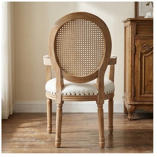 French Louis XVI Dining Armchair – Round Rattan Back Natural Wood Frame with White Upholstered Seat