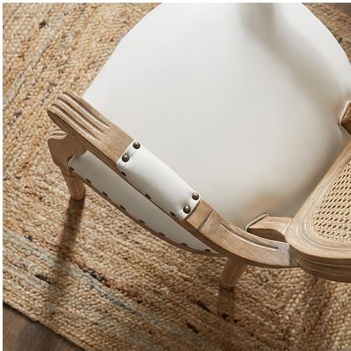 French Louis XVI Dining Armchair – Round Rattan Back Natural Wood Frame with White Upholstered Seat