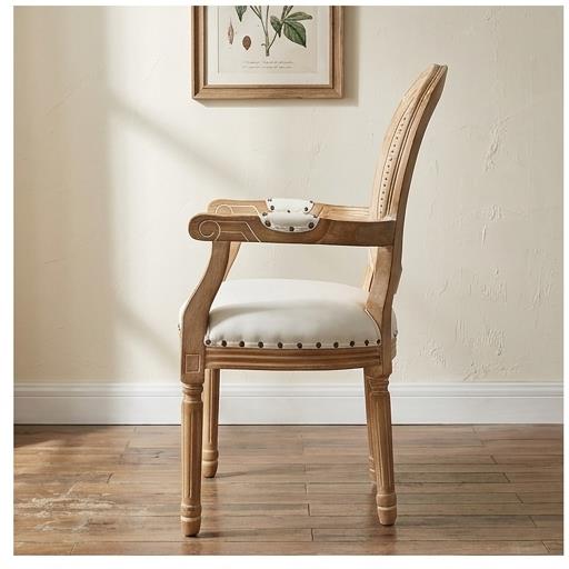 French Louis XVI Dining Armchair – Round Rattan Back Natural Wood Frame with White Upholstered Seat