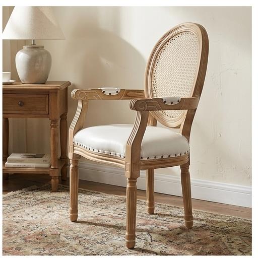 French Louis XVI Dining Armchair – Round Rattan Back Natural Wood Frame with White Upholstered Seat
