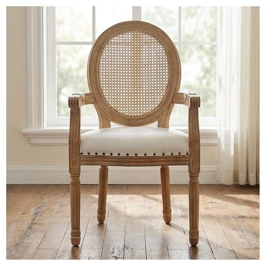 French Louis XVI Dining Armchair – Round Rattan Back Natural Wood Frame with White Upholstered Seat