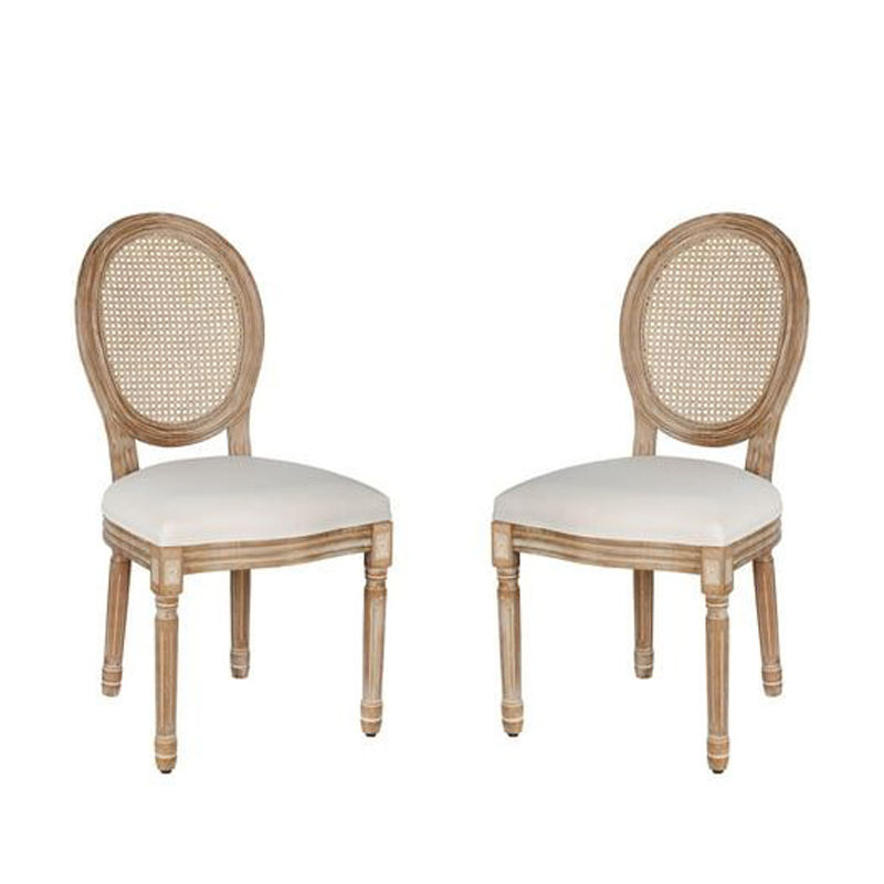 Natural Mesh Rattan Back Louis Chair – Oval Woven Back Wooden Frame with White Cushion for Wedding E
