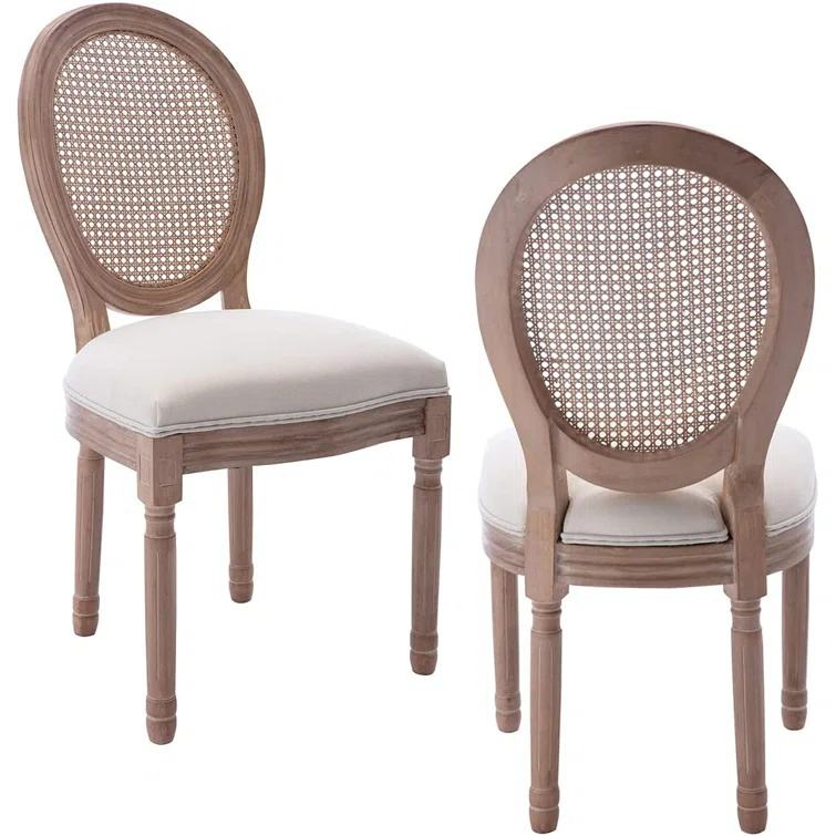 Natural Mesh Rattan Back Louis Chair – Oval Woven Back Wooden Frame with White Cushion for Wedding E
