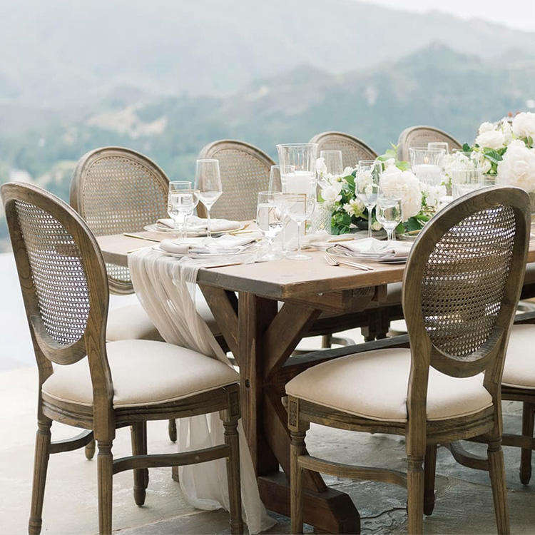 Natural Mesh Rattan Back Louis Chair – Oval Woven Back Wooden Frame with White Cushion for Wedding E