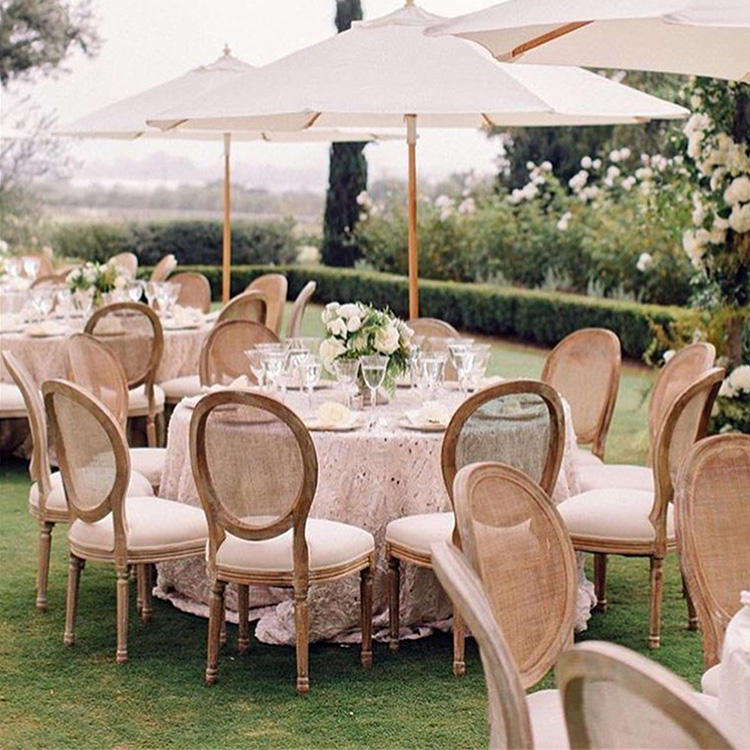 Natural Mesh Rattan Back Louis Chair – Oval Woven Back Wooden Frame with White Cushion for Wedding E