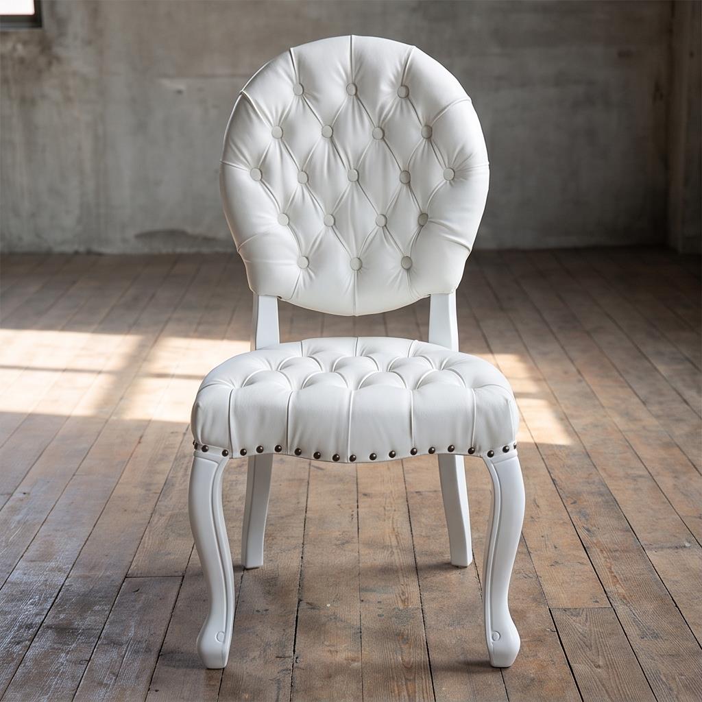 Round Back Tufted White Louis Chair – Button-Tufted Event Chair with Curved Legs & Nailhead Trim for