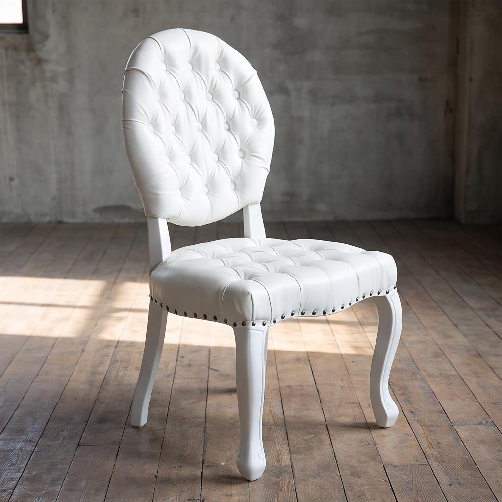 Round Back Tufted White Louis Chair – Button-Tufted Event Chair with Curved Legs & Nailhead Trim for