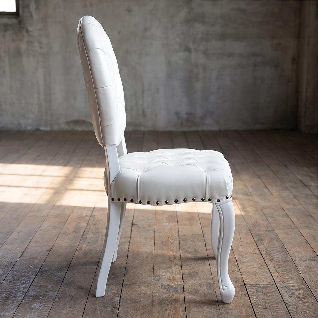 Round Back Tufted White Louis Chair – Button-Tufted Event Chair with Curved Legs & Nailhead Trim for