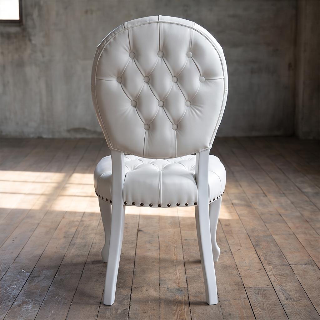 Round Back Tufted White Louis Chair – Button-Tufted Event Chair with Curved Legs & Nailhead Trim for
