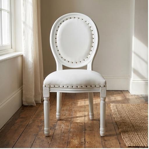 White Oval Back Louis Chair with Nailhead Trim – Upholstered Padded Event Chair for Wedding Banquet 