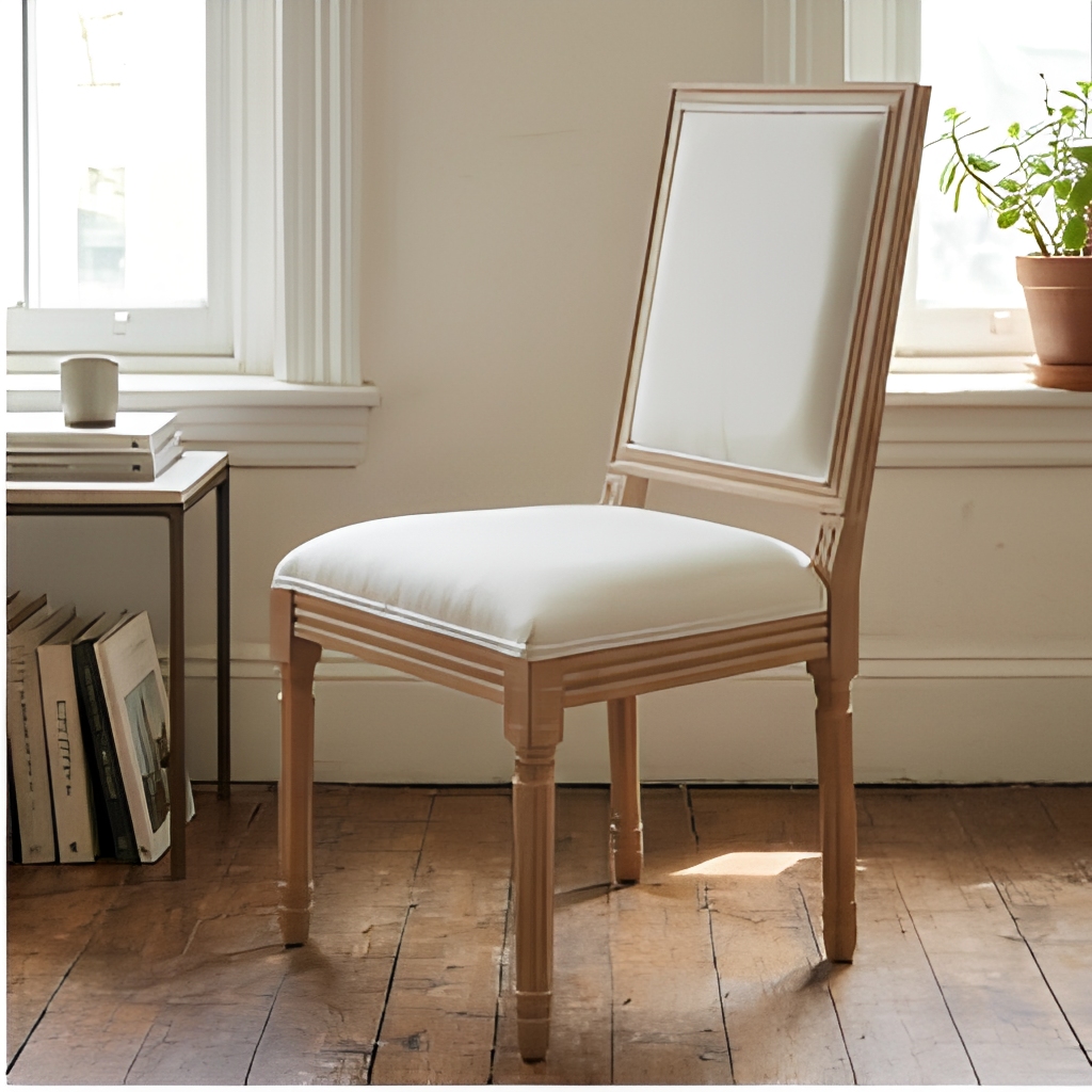 Square Back Louis Chair – Natural Wood Frame White Upholstered Dining Chair for Wedding Event Rental