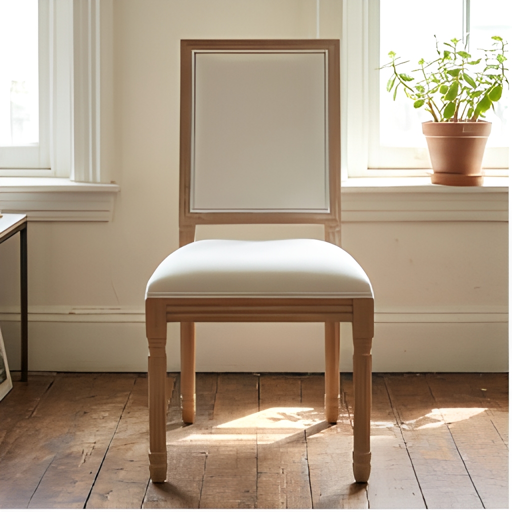 Square Back Louis Chair – Natural Wood Frame White Upholstered Dining Chair for Wedding Event Rental