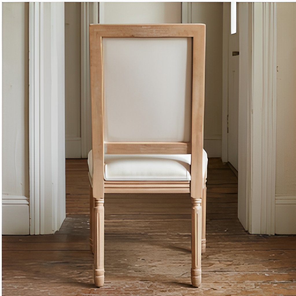 Square Back Louis Chair – Natural Wood Frame White Upholstered Dining Chair for Wedding Event Rental