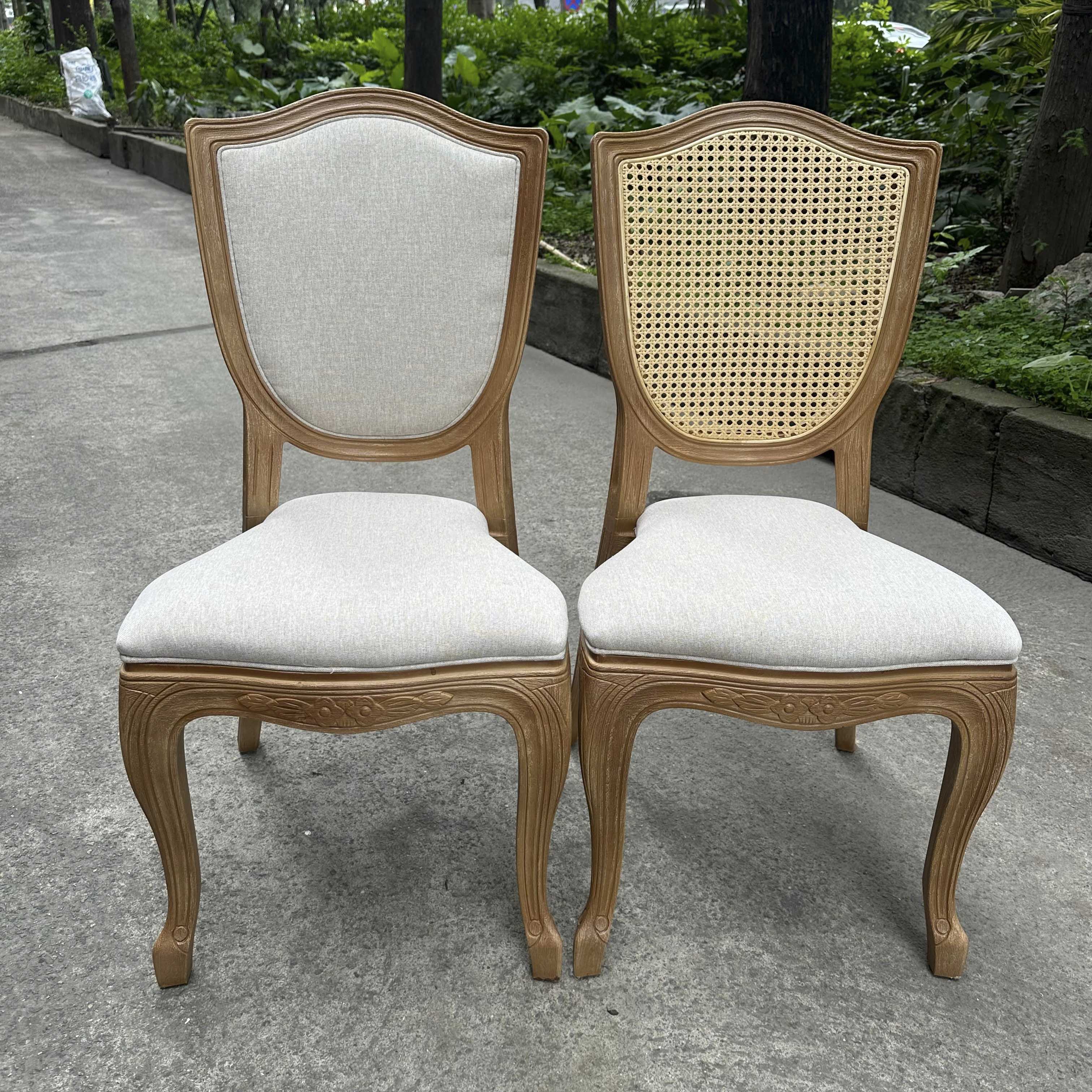 Shield Back Rattan Louis Chair – Distressed Solid Wood Frame White Upholstered Seat with Curved Legs