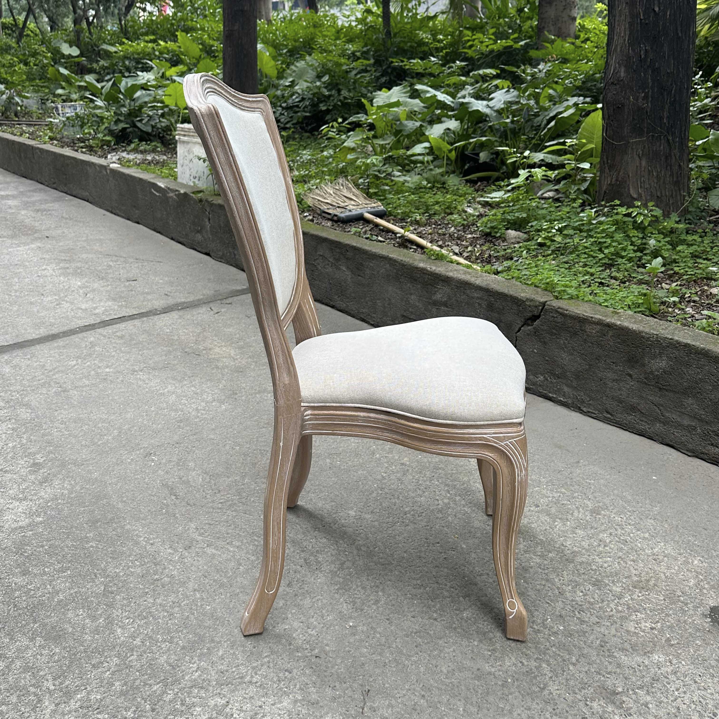 Shield Back Rattan Louis Chair – Distressed Solid Wood Frame White Upholstered Seat with Curved Legs