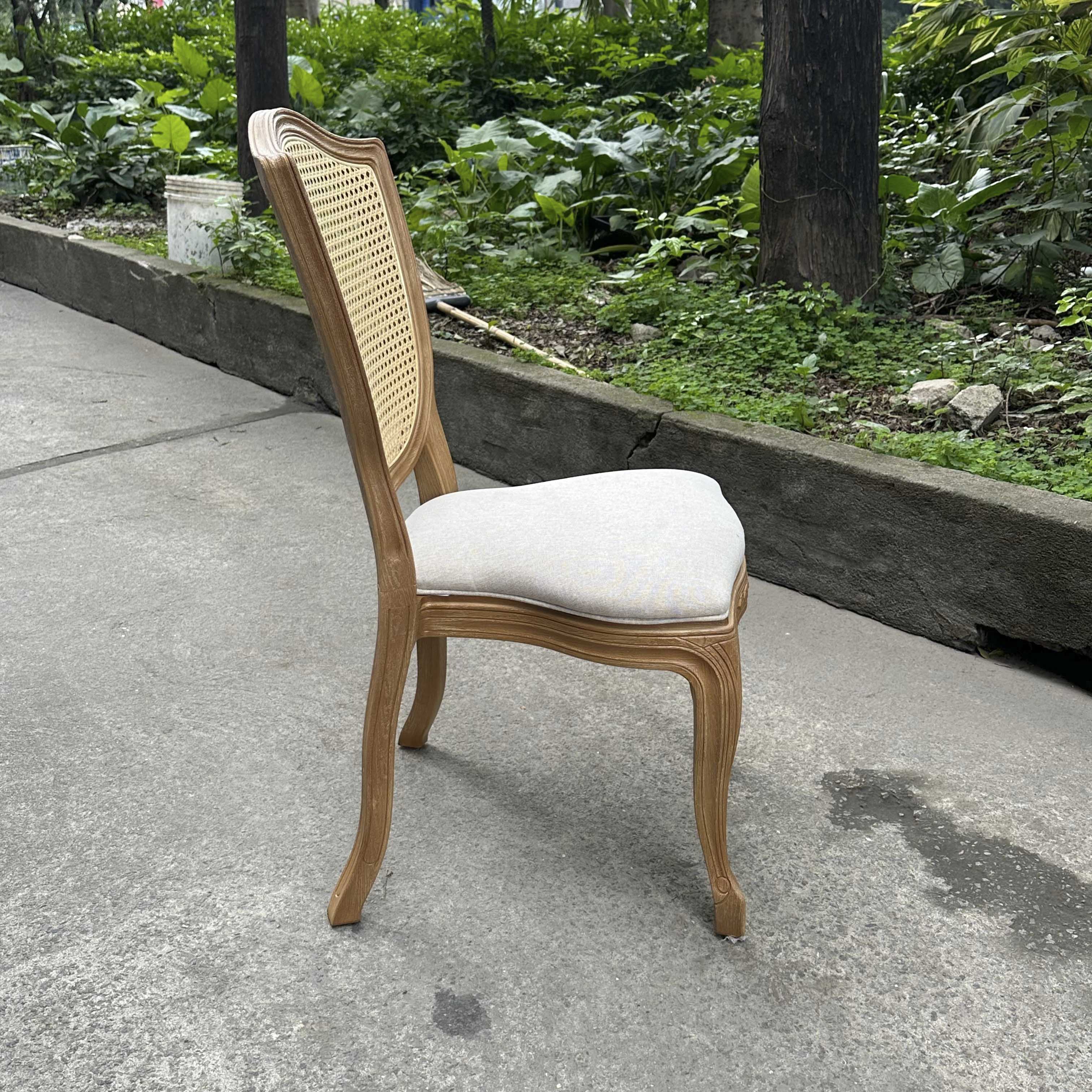 Shield Back Rattan Louis Chair – Distressed Solid Wood Frame White Upholstered Seat with Curved Legs