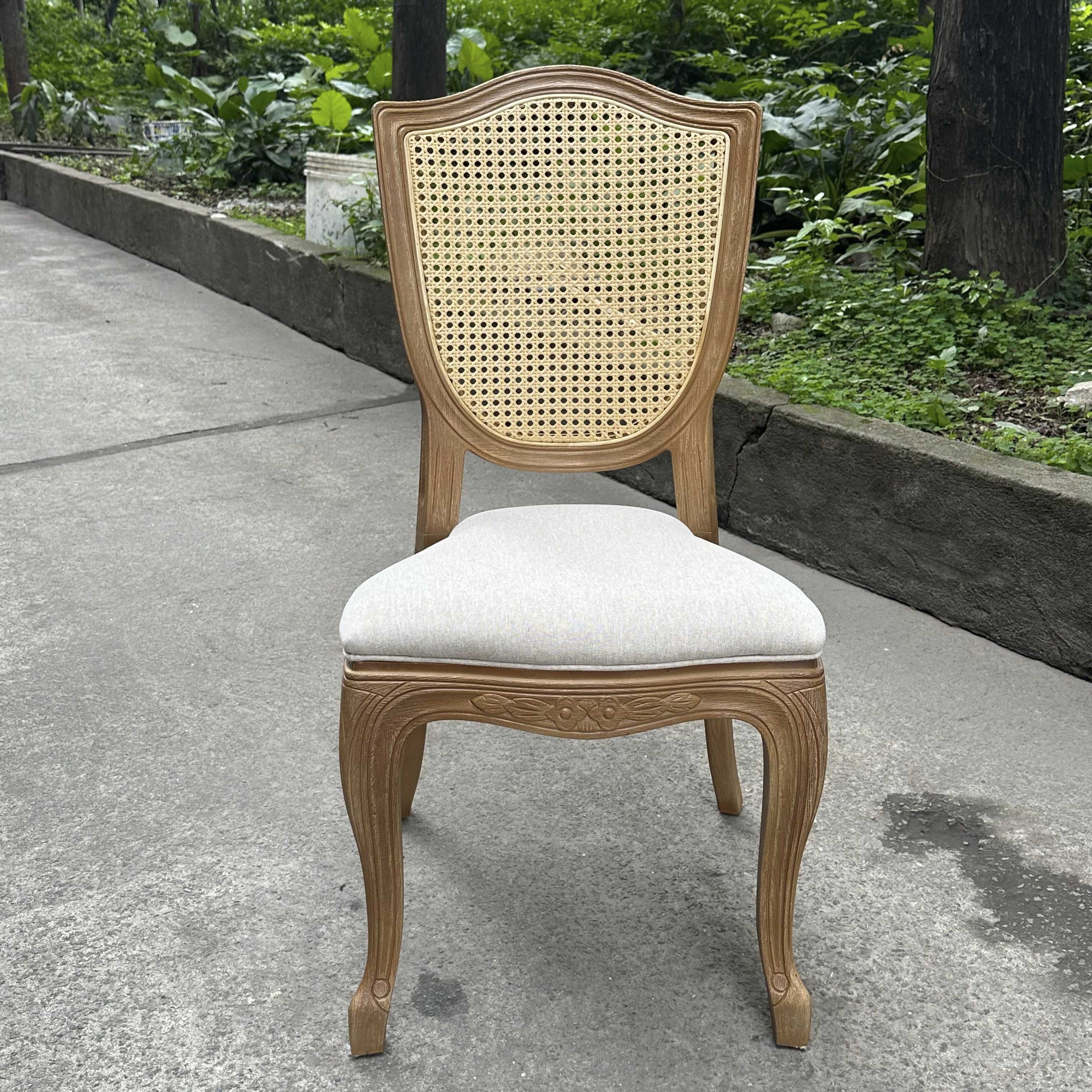 Shield Back Rattan Louis Chair – Distressed Solid Wood Frame White Upholstered Seat with Curved Legs