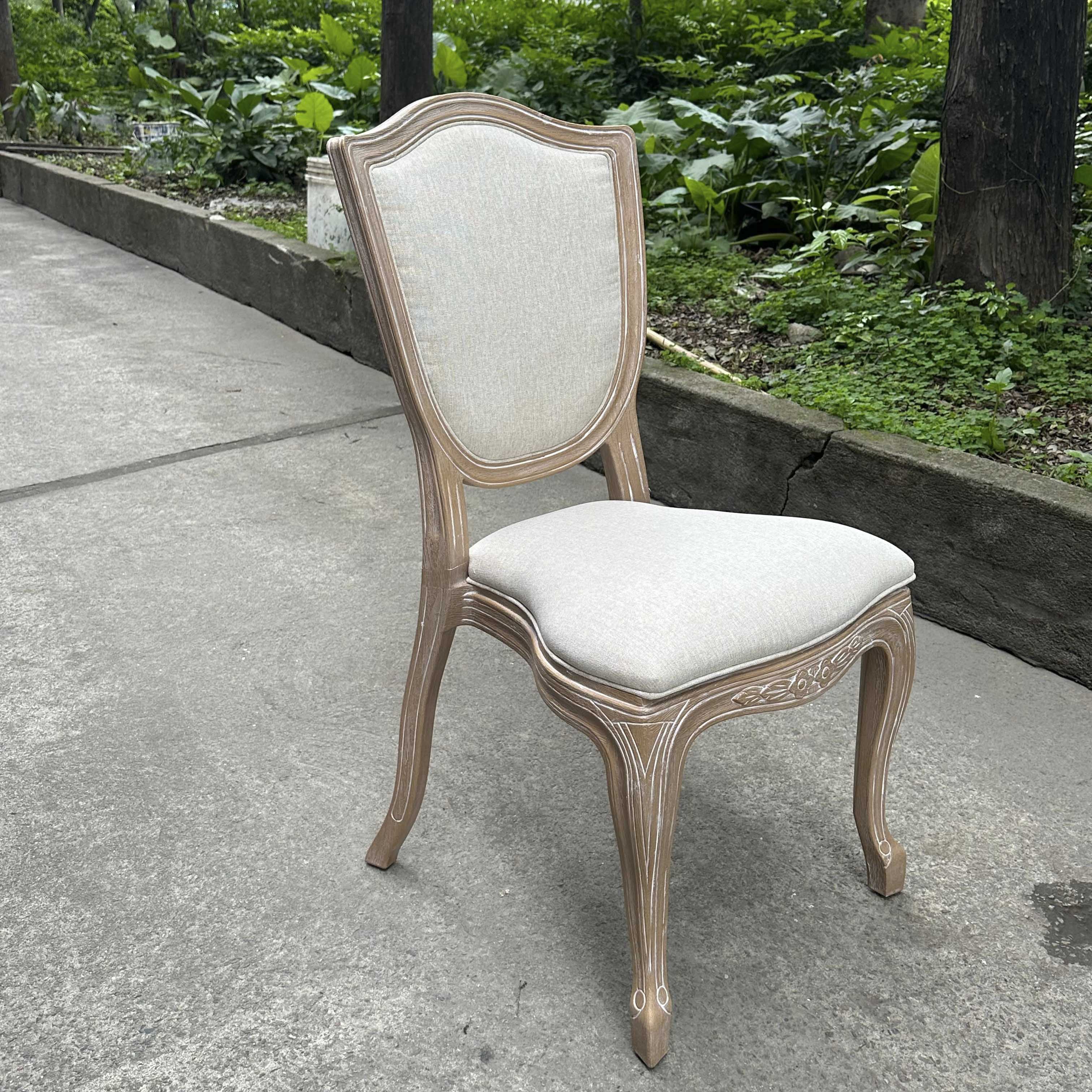 Shield Back Rattan Louis Chair – Distressed Solid Wood Frame White Upholstered Seat with Curved Legs