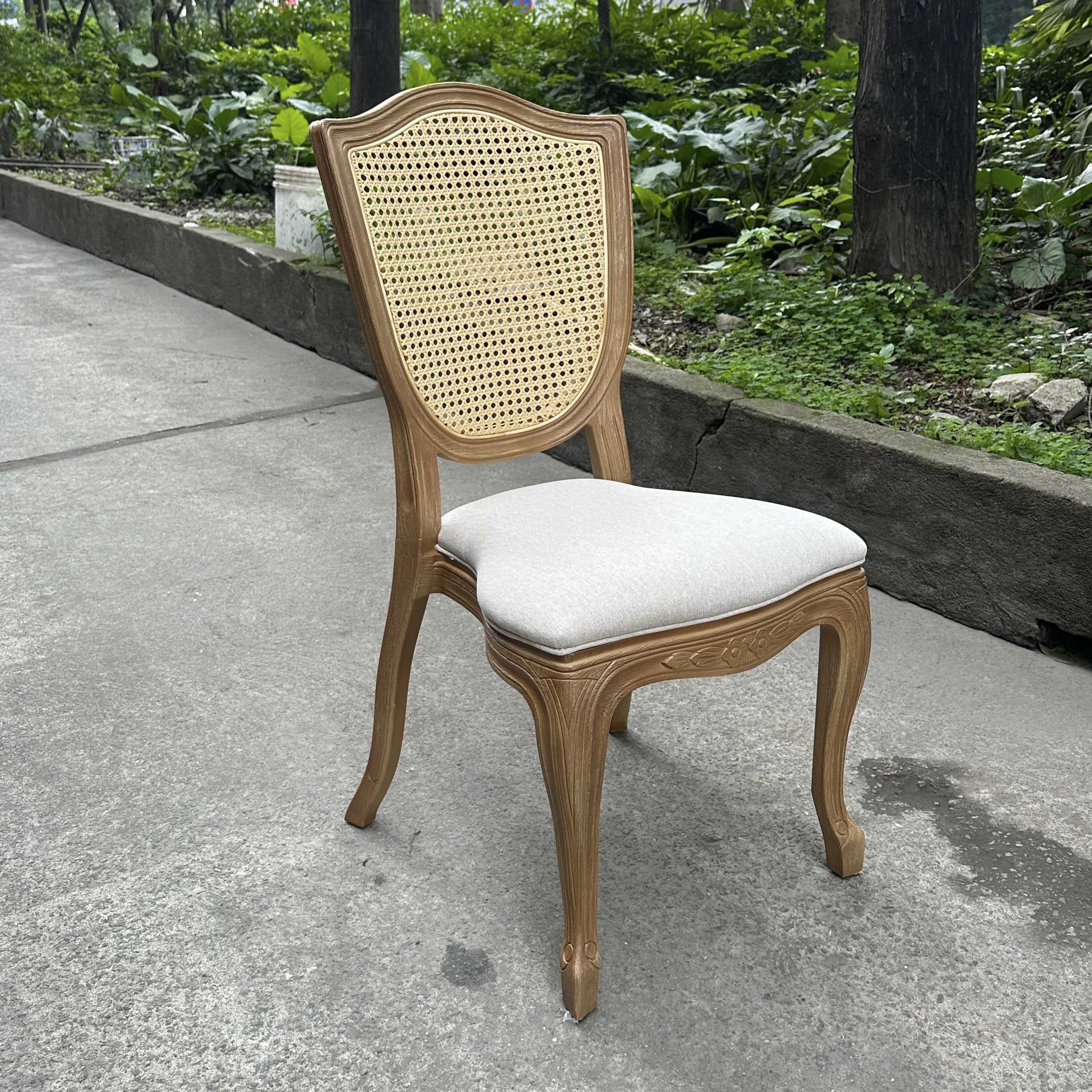 Shield Back Rattan Louis Chair – Distressed Solid Wood Frame White Upholstered Seat with Curved Legs