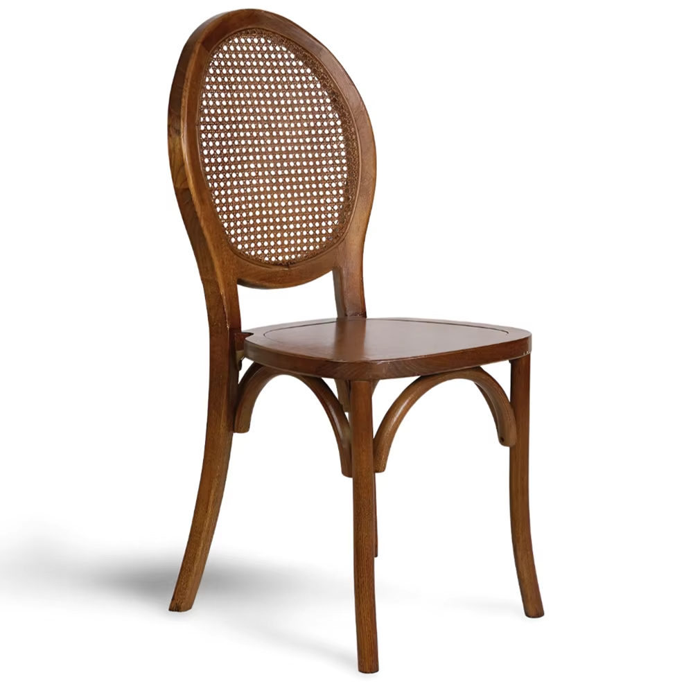 Round Rattan Back Dining Chair – Walnut Bentwood Frame with Solid Wood Seat