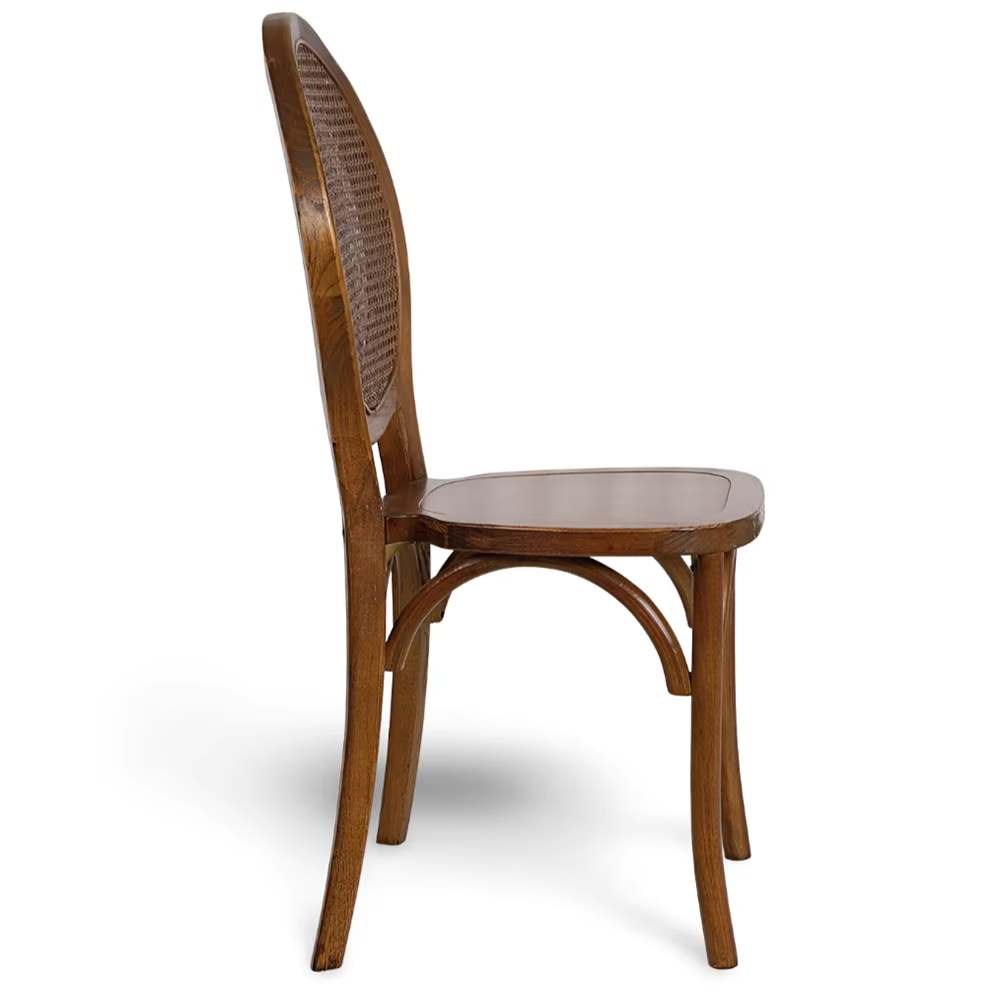 Round Rattan Back Dining Chair – Walnut Bentwood Frame with Solid Wood Seat