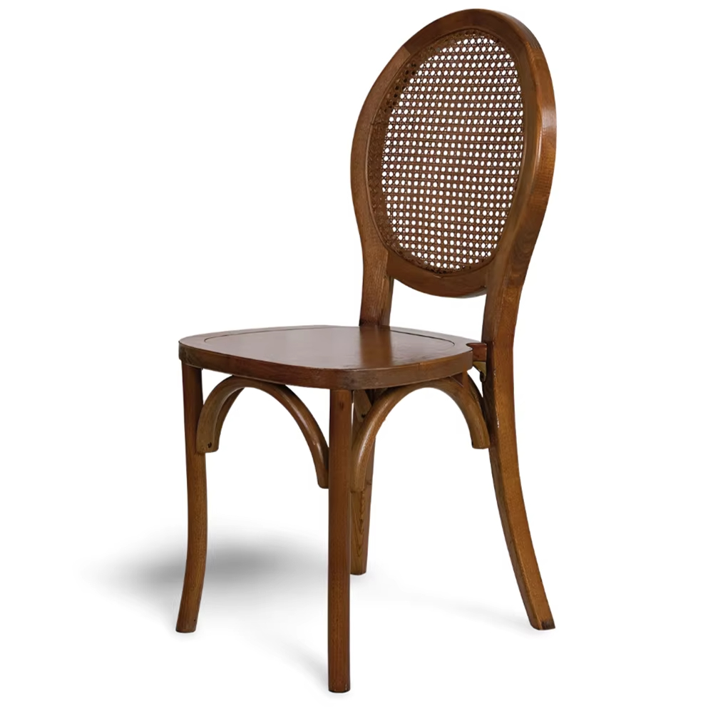 Round Rattan Back Dining Chair – Walnut Bentwood Frame with Solid Wood Seat