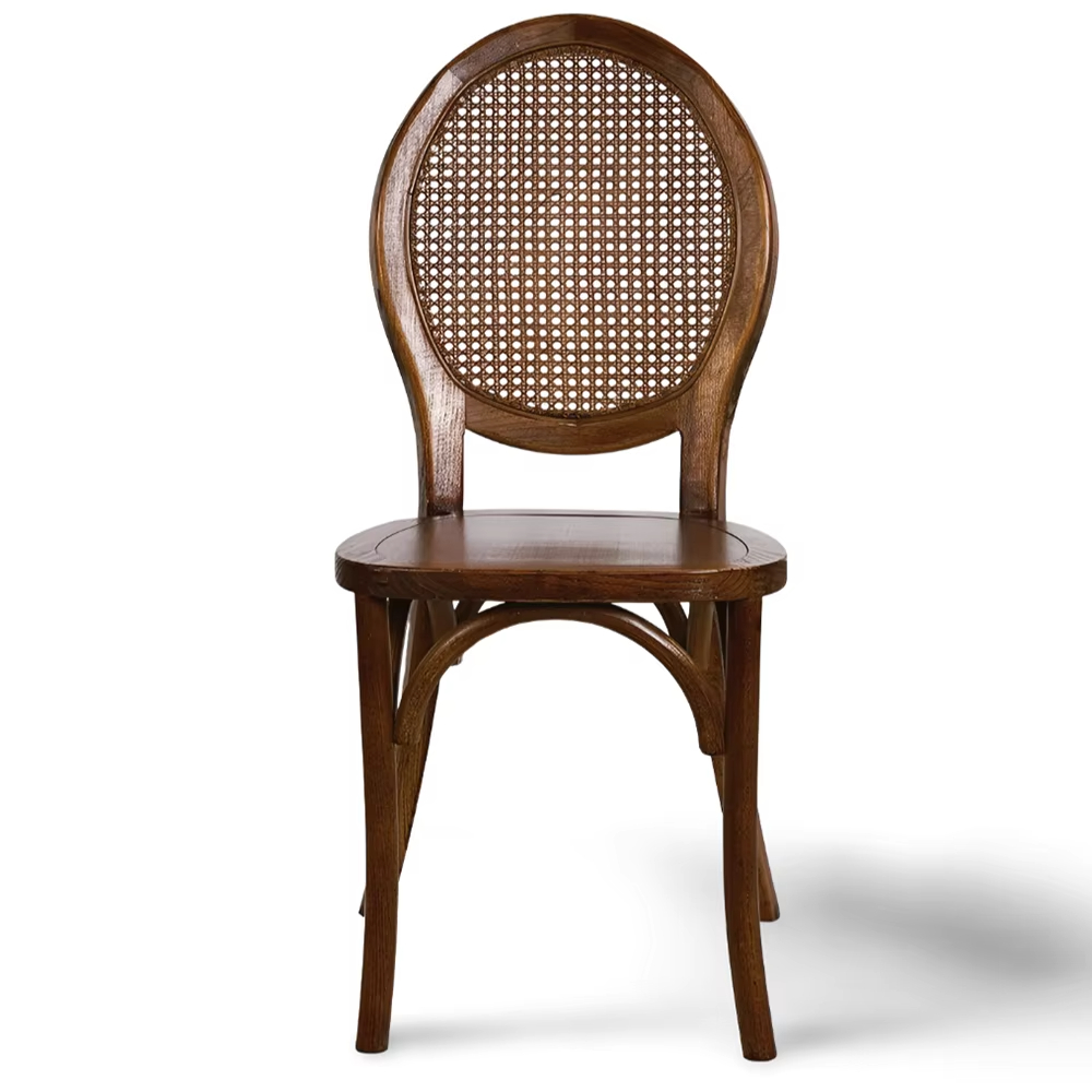 Round Rattan Back Dining Chair – Walnut Bentwood Frame with Solid Wood Seat