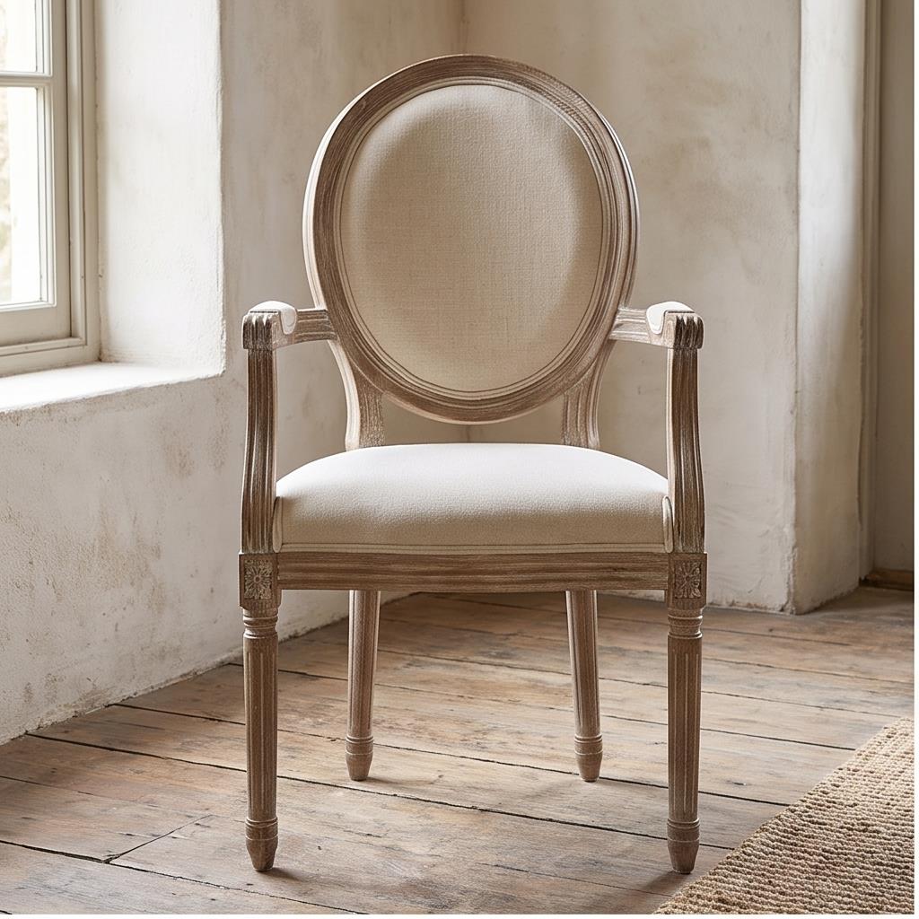 Round Back Louis Armchair – Distressed Wood Frame Beige Upholstered Seat