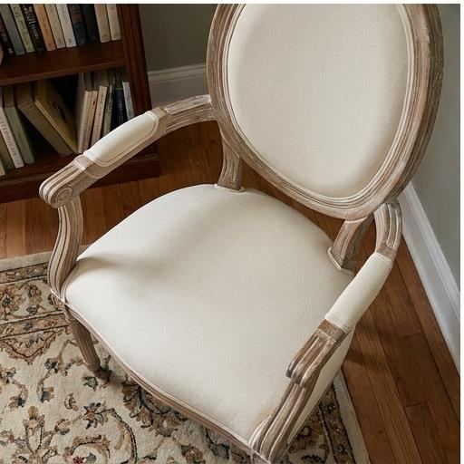 Round Back Louis Armchair – Distressed Wood Frame Beige Upholstered Seat