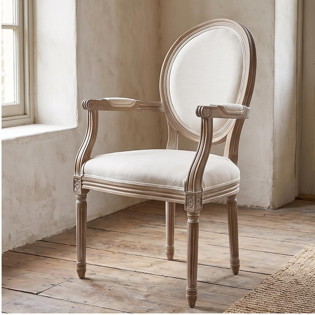 Round Back Louis Armchair – Distressed Wood Frame Beige Upholstered Seat