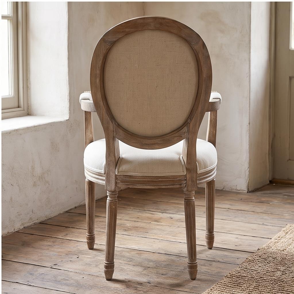Round Back Louis Armchair – Distressed Wood Frame Beige Upholstered Seat