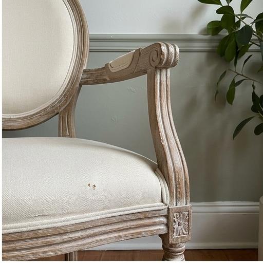 Round Back Louis Armchair – Distressed Wood Frame Beige Upholstered Seat