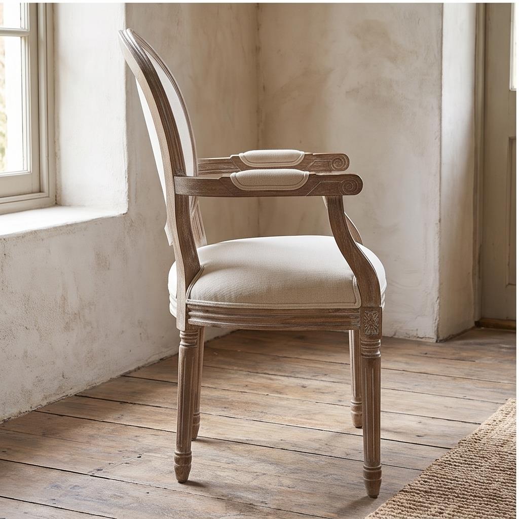 Round Back Louis Armchair – Distressed Wood Frame Beige Upholstered Seat