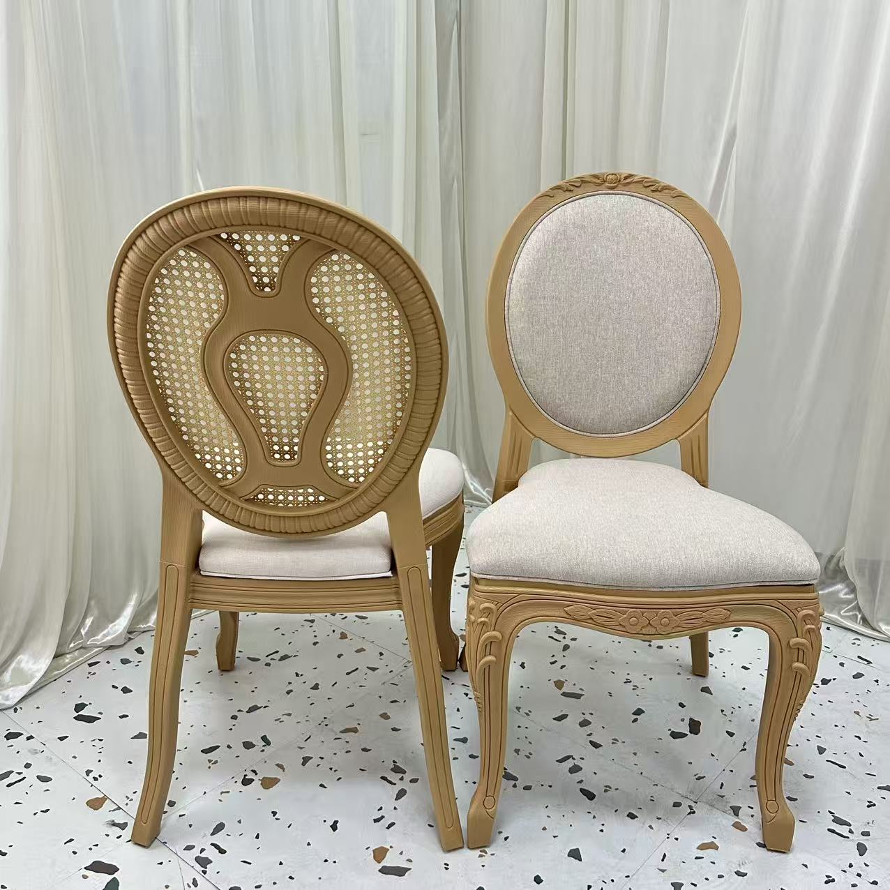 Round Back Louis Chair – Reversible Rattan & Fabric Back Carved Wood Frame