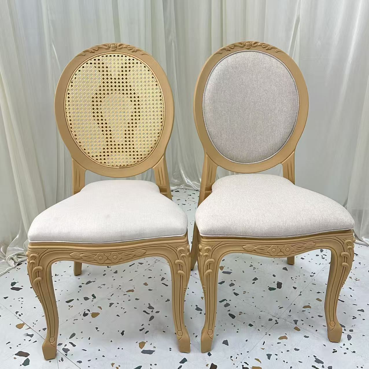 Round Back Louis Chair – Reversible Rattan & Fabric Back Carved Wood Frame
