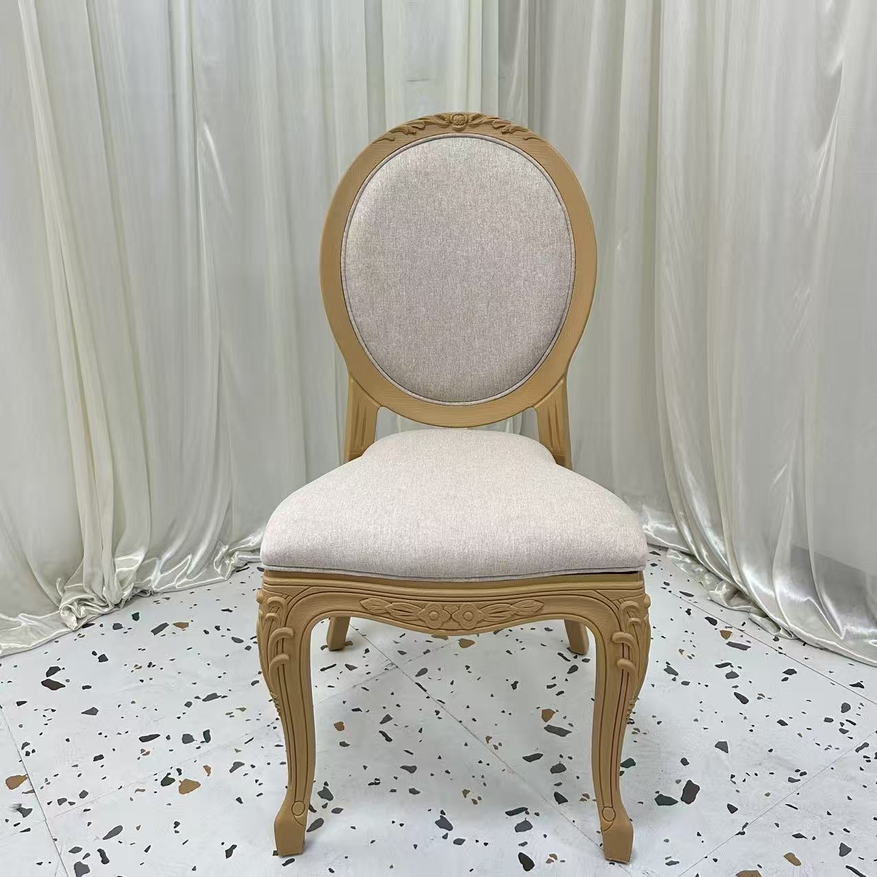 Round Back Louis Chair – Reversible Rattan & Fabric Back Carved Wood Frame