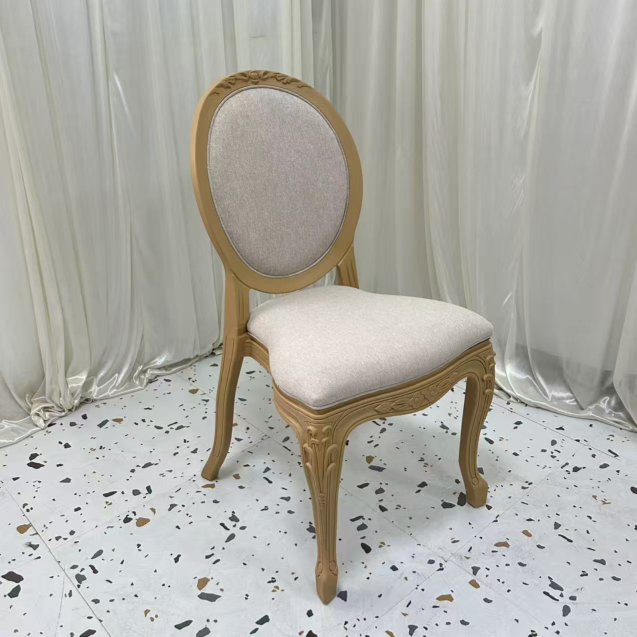 Round Back Louis Chair – Reversible Rattan & Fabric Back Carved Wood Frame