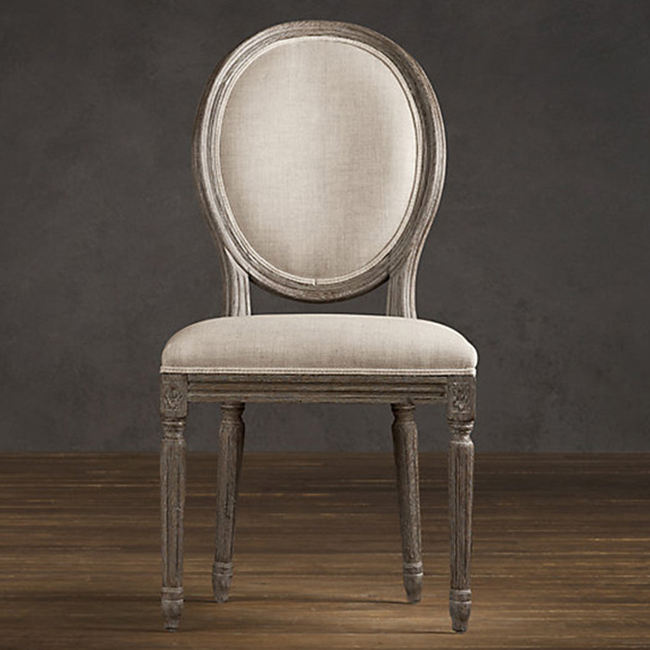 Round Back Louis Chair – Distressed Wood Frame Beige Upholstered Seat