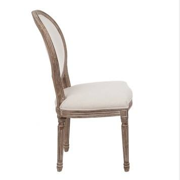 Round Back Louis Chair – Distressed Wood Frame Beige Upholstered Seat