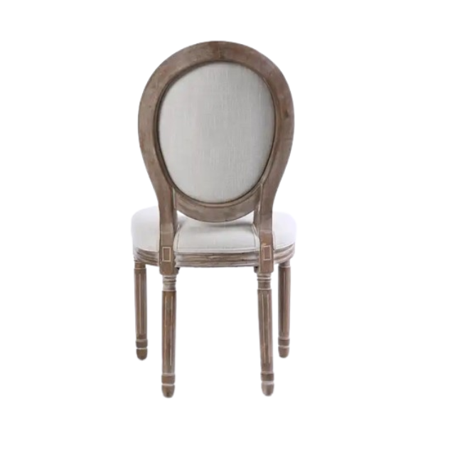 Round Back Louis Chair – Distressed Wood Frame Beige Upholstered Seat
