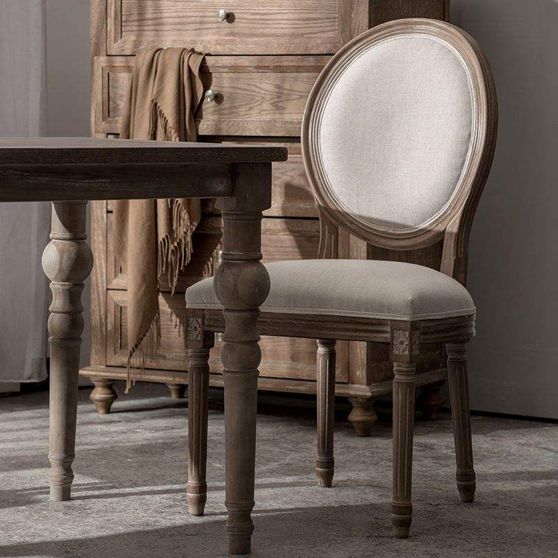 Round Back Louis Chair – Distressed Wood Frame Beige Upholstered Seat