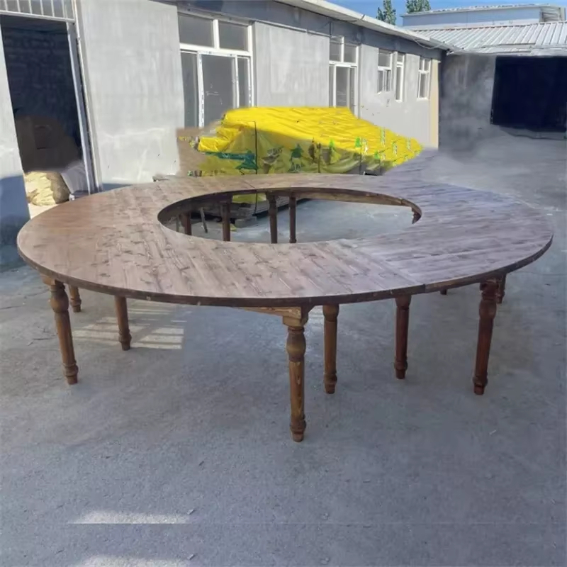 Modular Ring Banquet Table – Rustic Solid Wood with Folding Legs