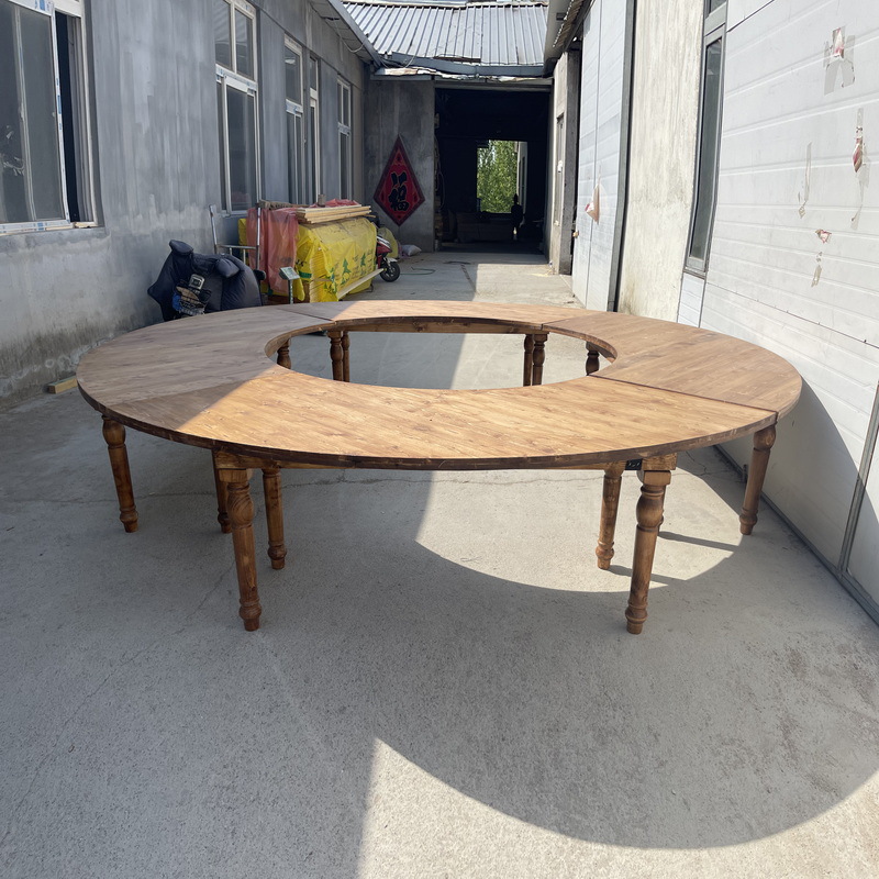 Modular Ring Banquet Table – Rustic Solid Wood with Folding Legs