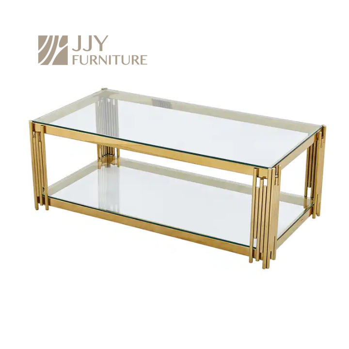 Gold Frame 2-Tier Coffee Table – Luxury Glass Top with Multiple Finishes