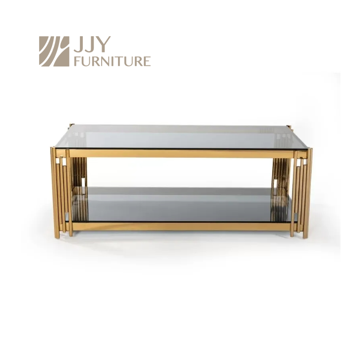 Gold Frame 2-Tier Coffee Table – Luxury Glass Top with Multiple Finishes