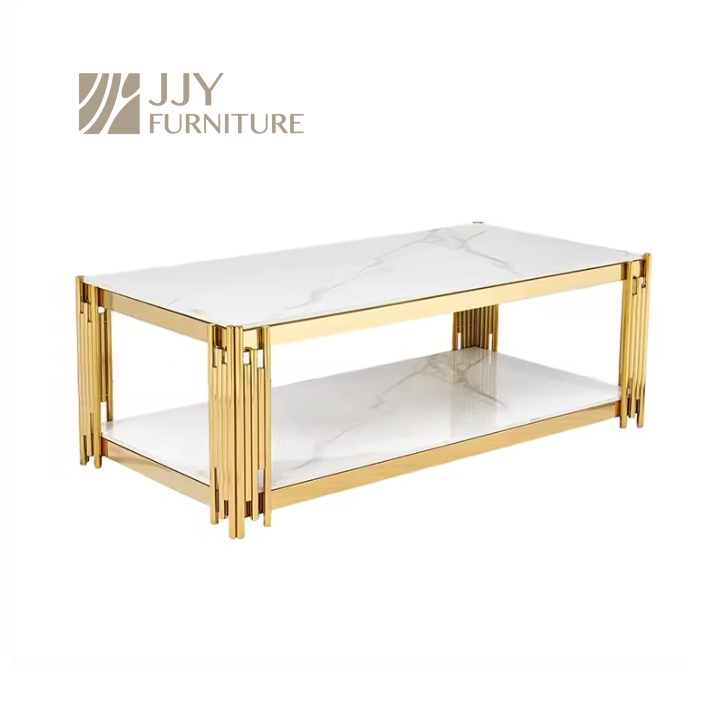 Gold Frame 2-Tier Coffee Table – Luxury Glass Top with Multiple Finishes